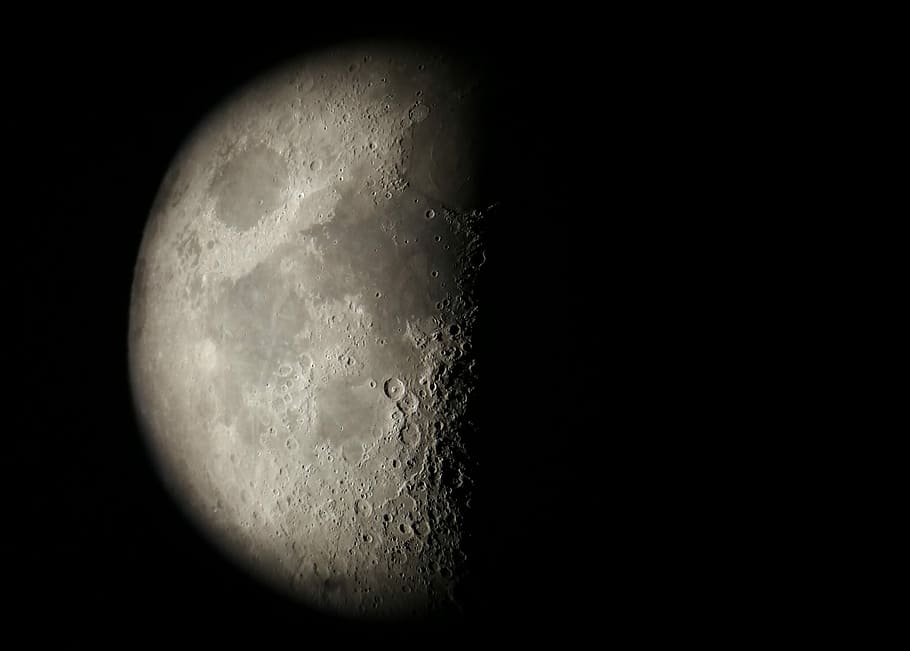 half-moon illustration, crater, dark, night, satellite, space HD wallpaper