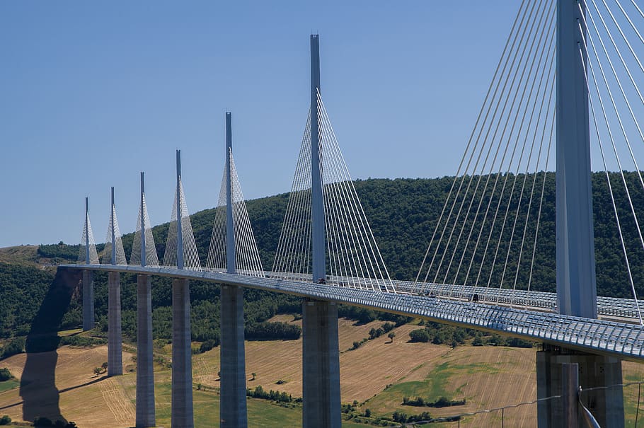 bridge, millau, viaduct, shrouds, cables, highway, pillar, sky