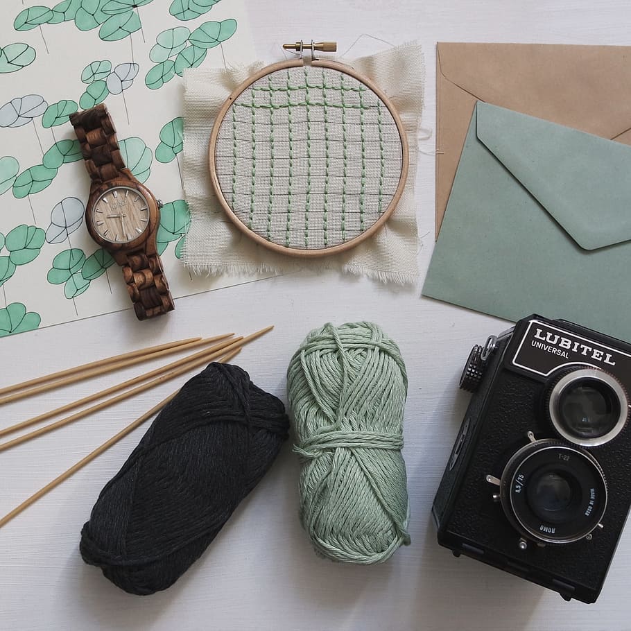 flat lay photography of embroidery accessories, yarn, thread HD wallpaper