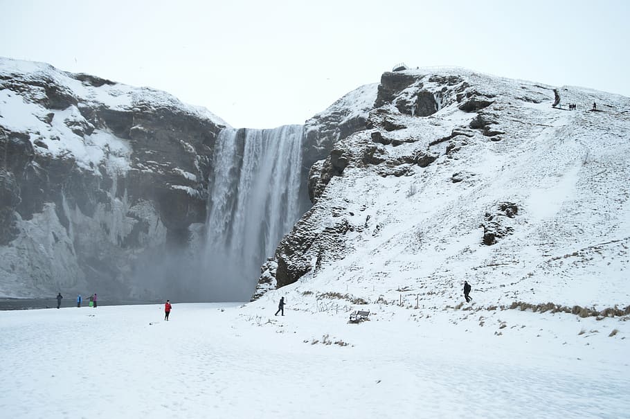 iceland, landscape, winter, waterfall, cascade, snow, mountain HD wallpaper