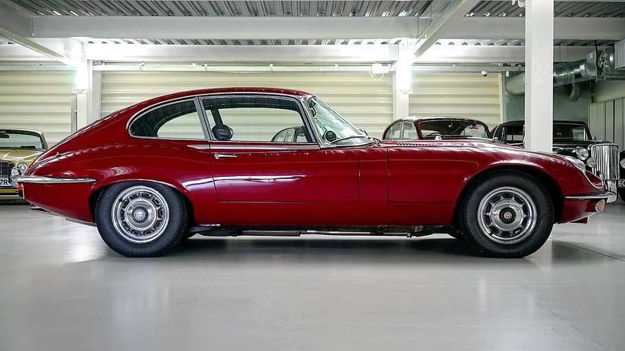 classic red coupe parked near cars, jaguar, e type, auto, vehicle HD wallpaper
