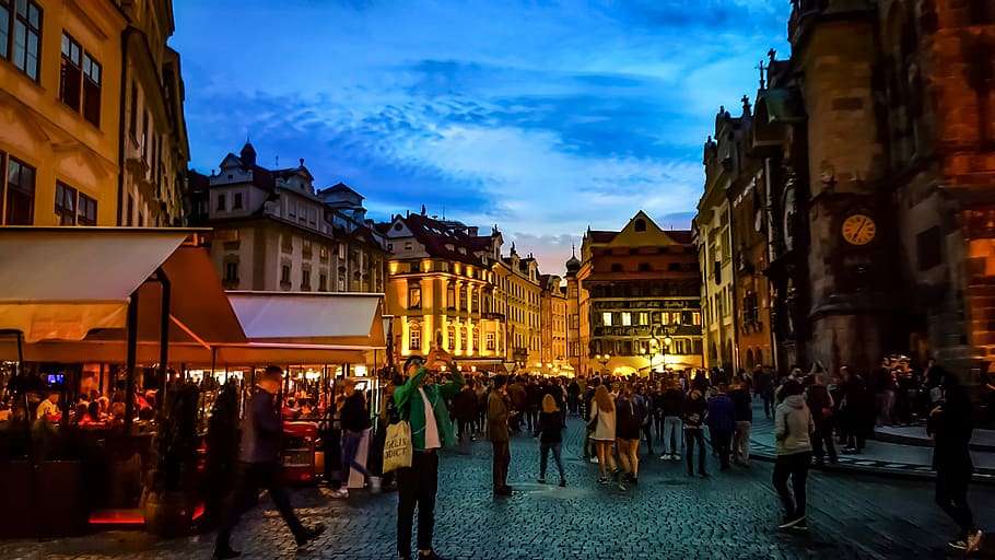 group of people on ground under blue sky, Prague, Czech, Evening HD wallpaper