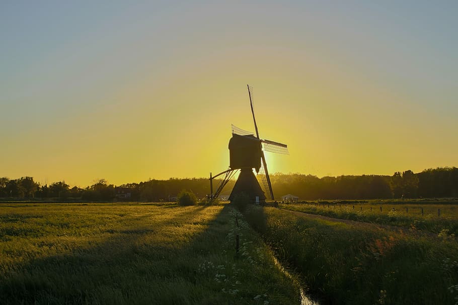 wind mill, landscape, sunset, no person, uppel, almkerk the netherlands HD wallpaper