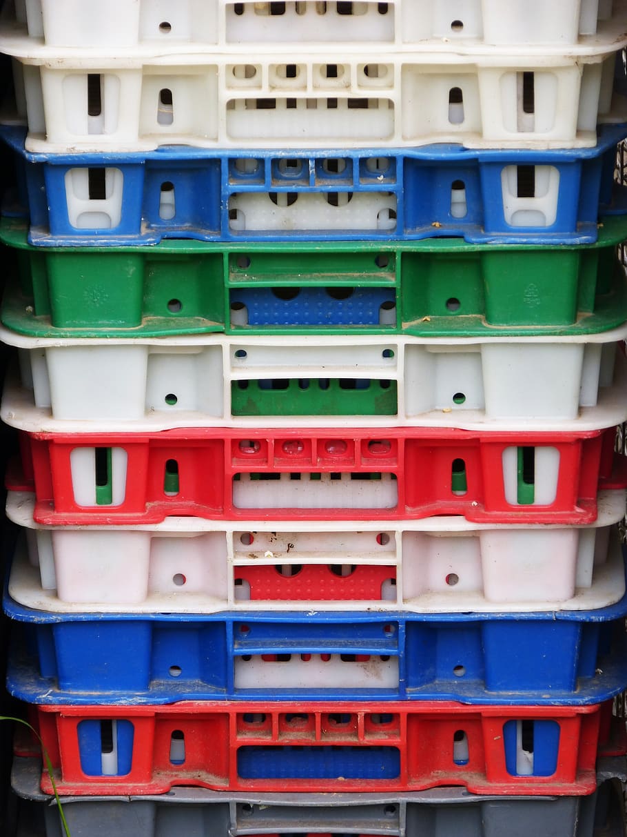 boxes, stack, heap, plastic, colors, packaging, multi colored HD wallpaper