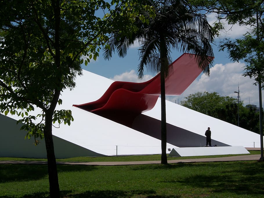 ibirapuera auditorium, niemeyer, modern architecture, red, ibirapuera park, HD wallpaper