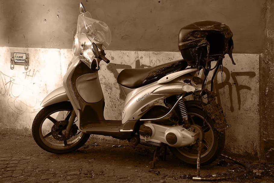 moped, burned, rome, mode of transportation, land vehicle, motorcycle HD wallpaper