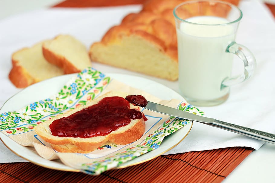 sliced bread with jam on plate, breakfast, scone, milk, food HD wallpaper