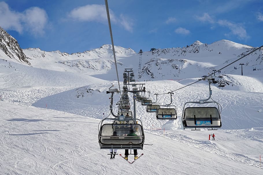 cable cars under blue sky, snow, winter, mountain, coldly, sports HD wallpaper