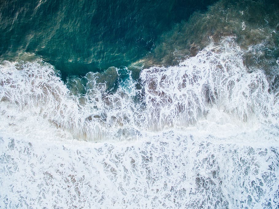 aerial photography of water waves, white and blue body of water aerial photo HD wallpaper
