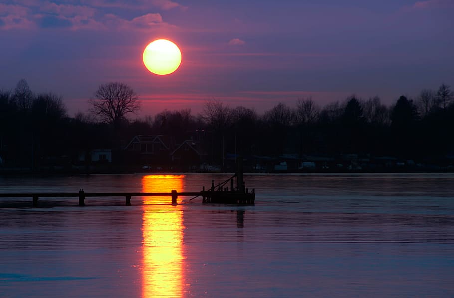 sunset, water, dawn, reflection, dusk, ice, lake, sky, nautical vessel HD wallpaper