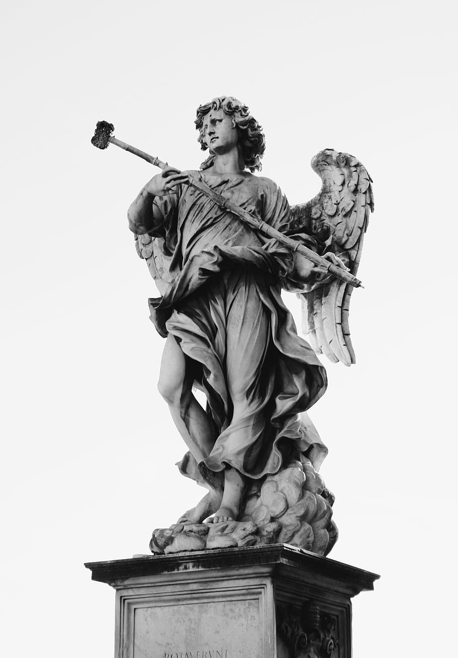 grayscale photo of person holding stick statue, angel, concrete HD wallpaper