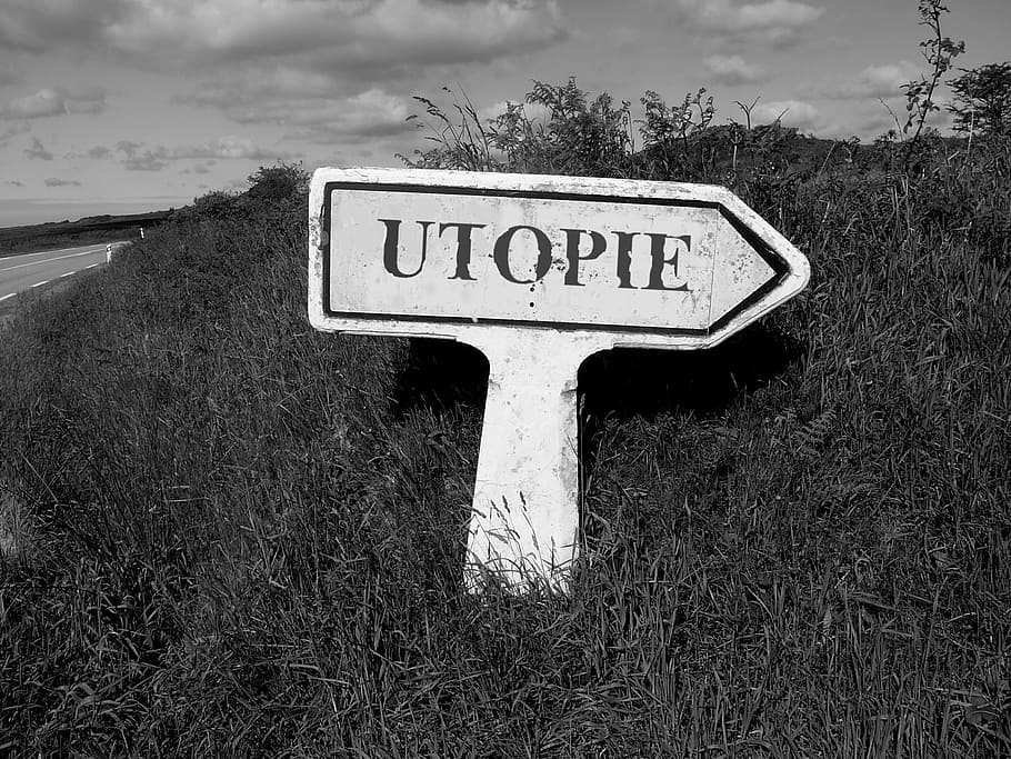 grayscale photo of Utopie signage, utopia, the earth, dream, text, HD wallpaper