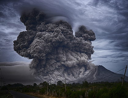 mountain with ash fall smoke, ashes, eruption, landscape, outdoors HD wallpaper