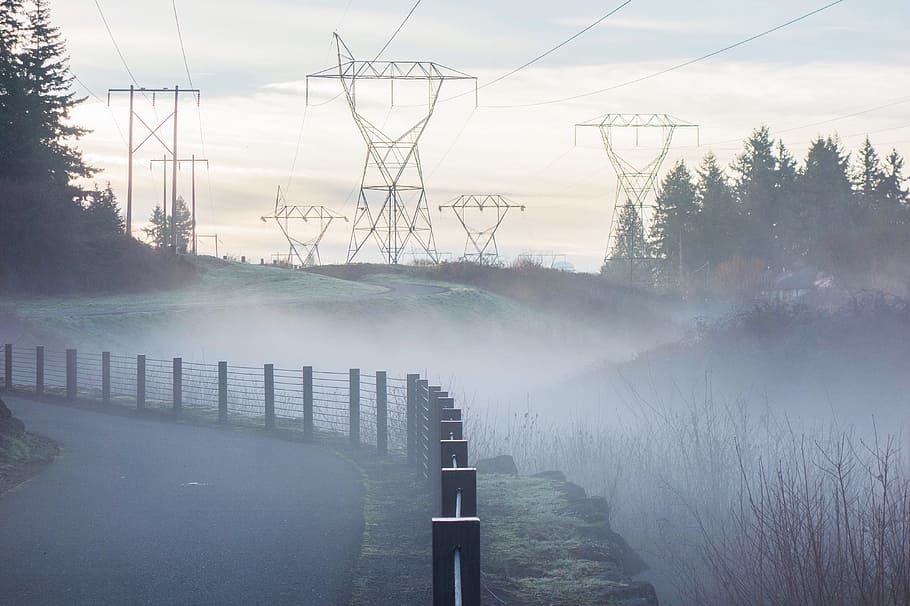fog on curved road during day time, scenic, tower, power, powerlines, HD wallpaper
