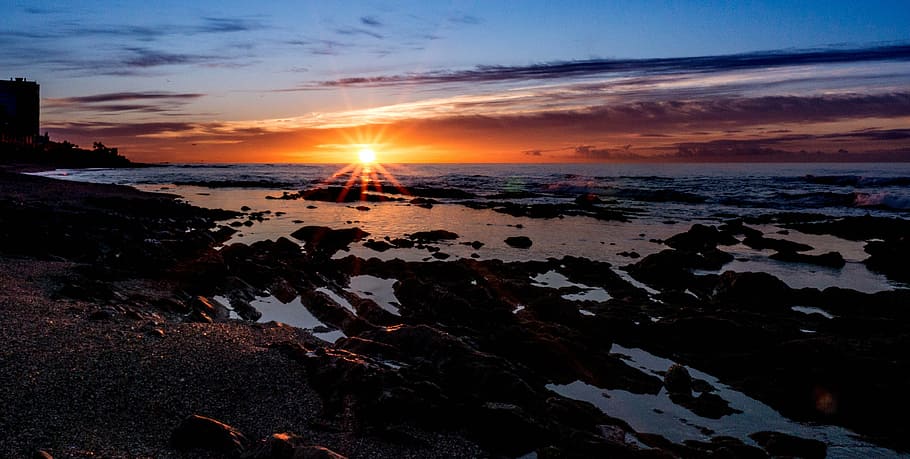 dawn, clouds, sky, sunset, horizon, sea, awakening, output sun HD wallpaper