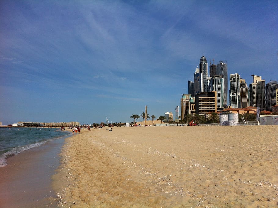 dubai, jbr, beach, sand, sky, seaside, great, blue, architecture HD wallpaper