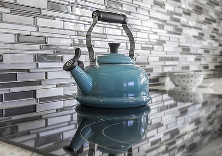 blue kettle on induction cooker, kitchen, teapot, glass tile HD wallpaper