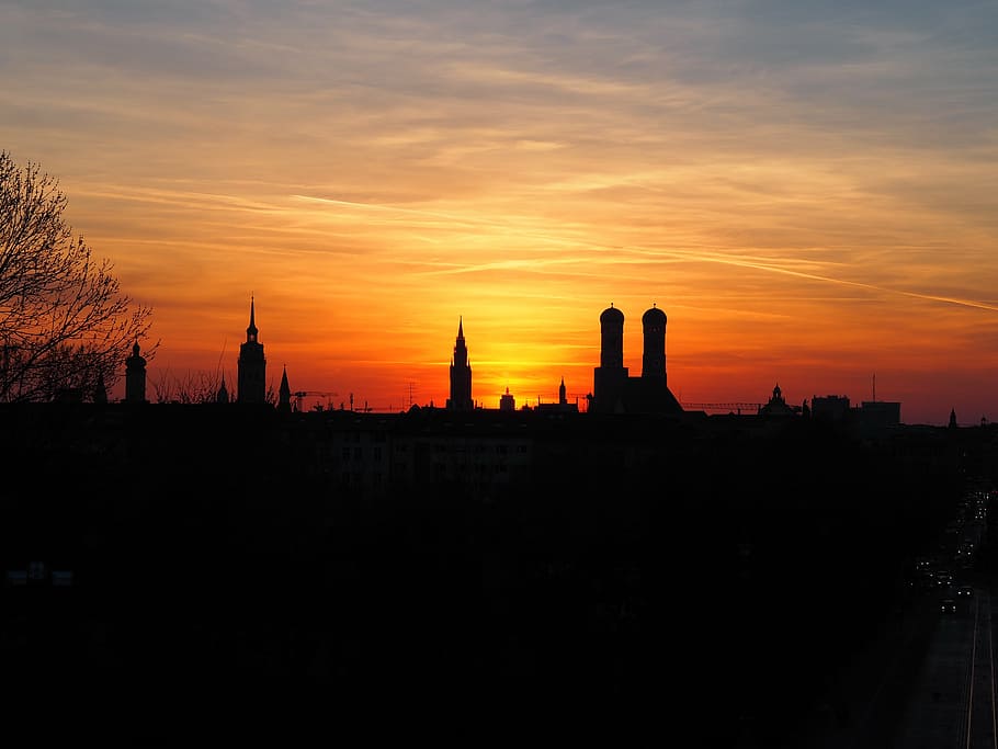 munich, skyline, sunset, cityscape, silhouette, architecture HD wallpaper