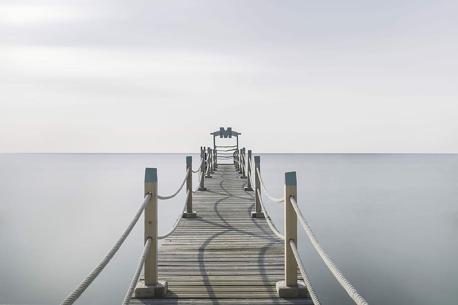 wooden dock on body of water, landscape photography of boat dock with calm water HD wallpaper
