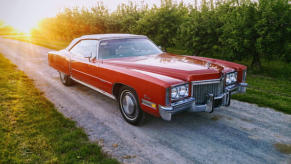 red coupe parked on sidewalk, auto, cadillac, eldorado, us car HD wallpaper