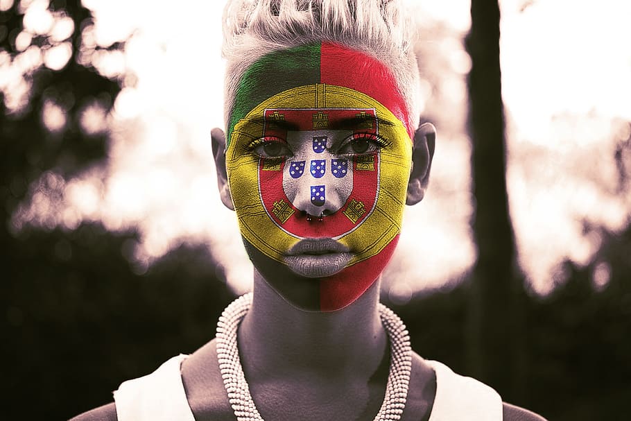 portrait, human, woman, fan, face, football, flag, portugal, HD wallpaper