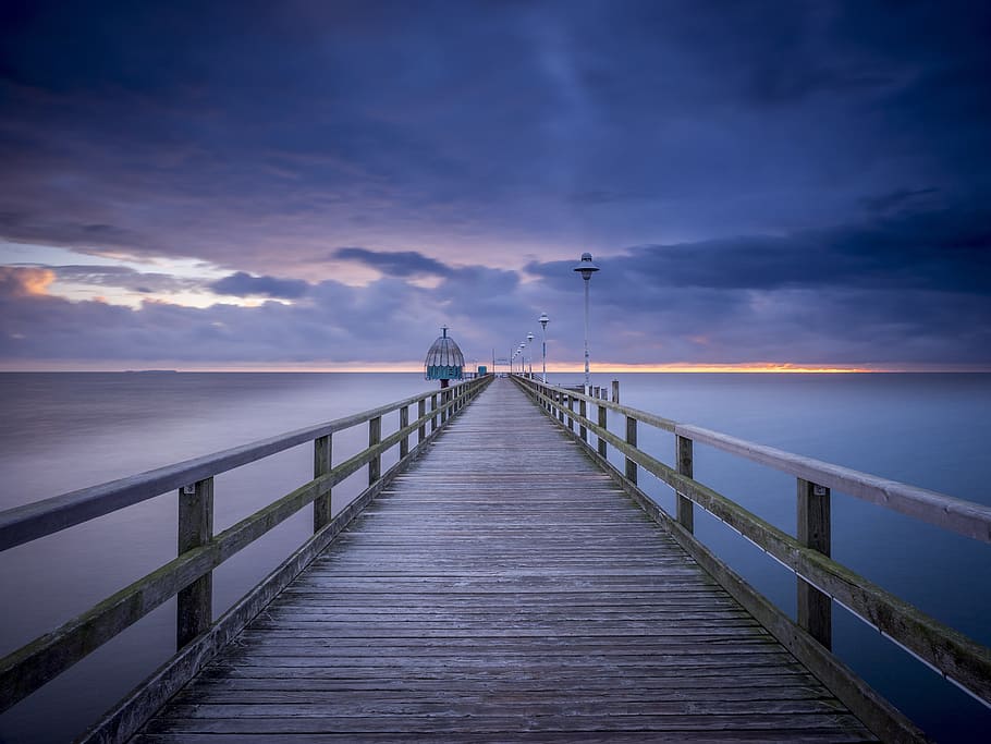 sea, dawn, nature, sunset, beach, boardwalk, bridge, clouds, dock HD wallpaper