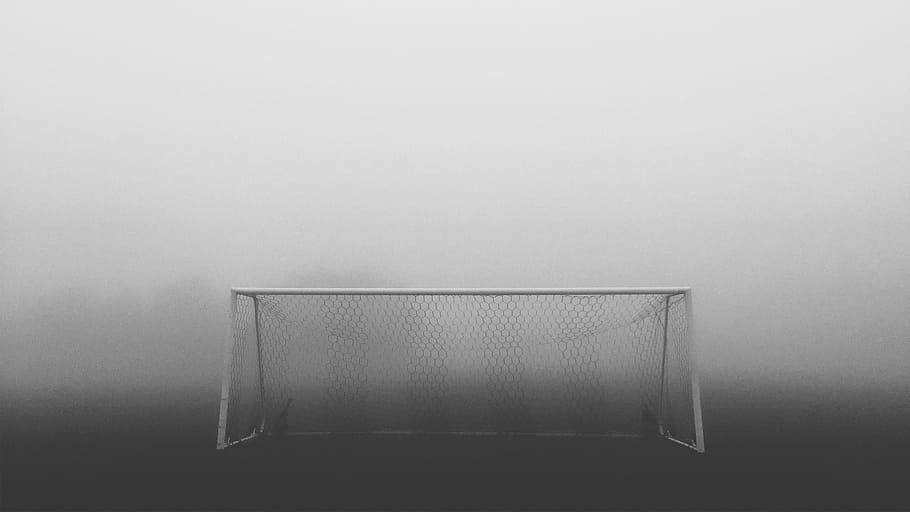 white soccer net, photo of white soccer goal, Day, in the Fog