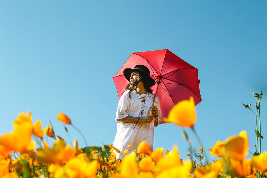 woman in white dress under red umbrella, low angle photo of woman in white holding red umbrella on yellow poppy flower field during daytime