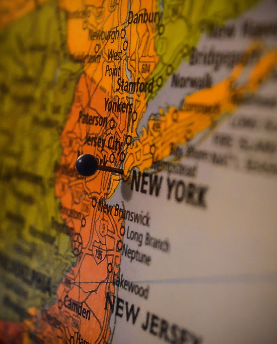 New York city pinned on map, new jersey, usa, united states, text, HD wallpaper