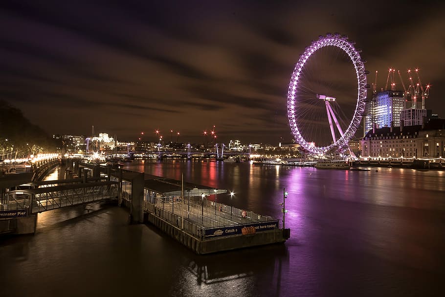Ferris Wheel near body of water, river, bridge, reflection HD wallpaper
