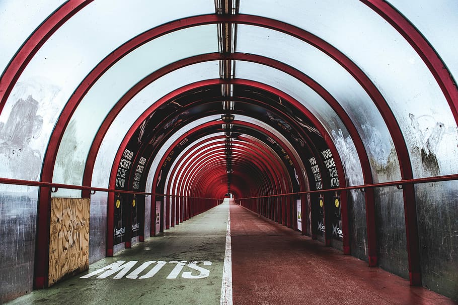 empty red and white glass tunnel, arch pathway, architecture HD wallpaper