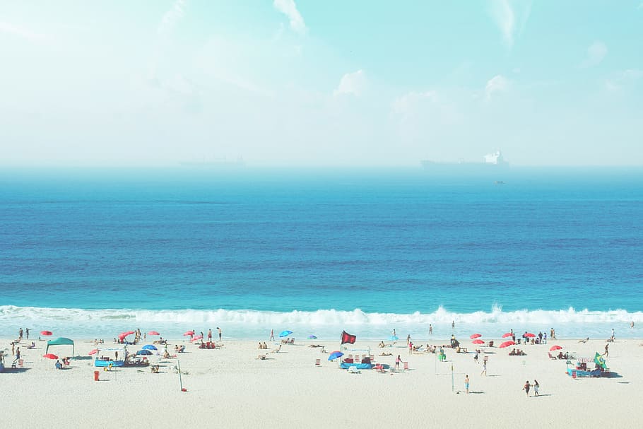 group of people on white sand beach, people near beach, seashore HD wallpaper