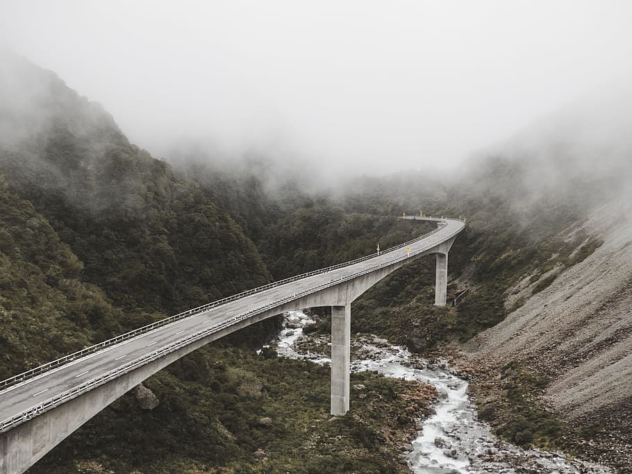 road, bridge, mountain, fog, architecture, daylight, foggy, guidance HD wallpaper