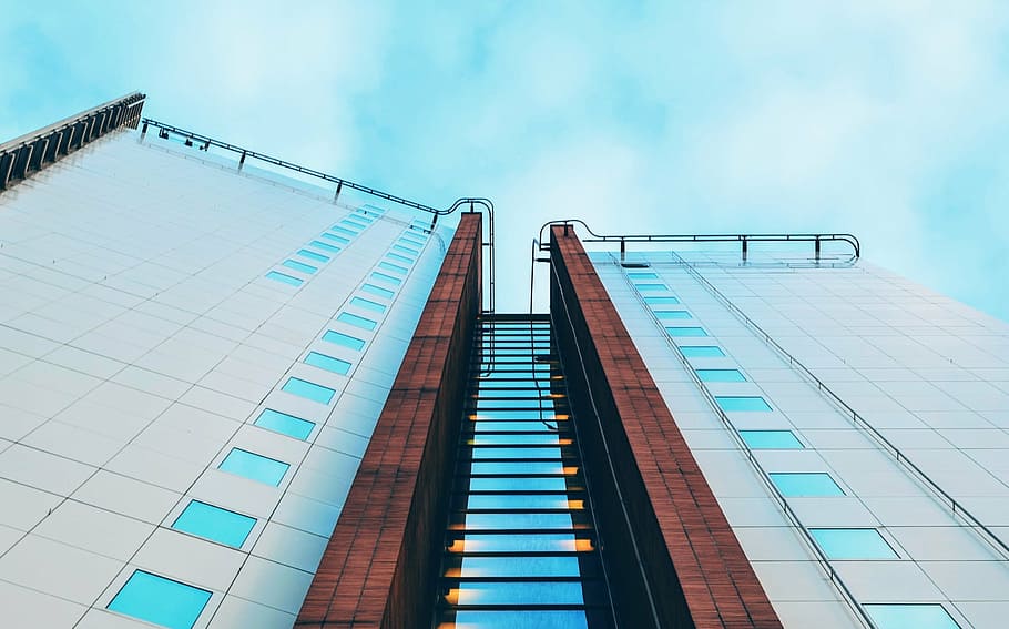 low angle photography of high rise building, brown, gray, blue HD wallpaper