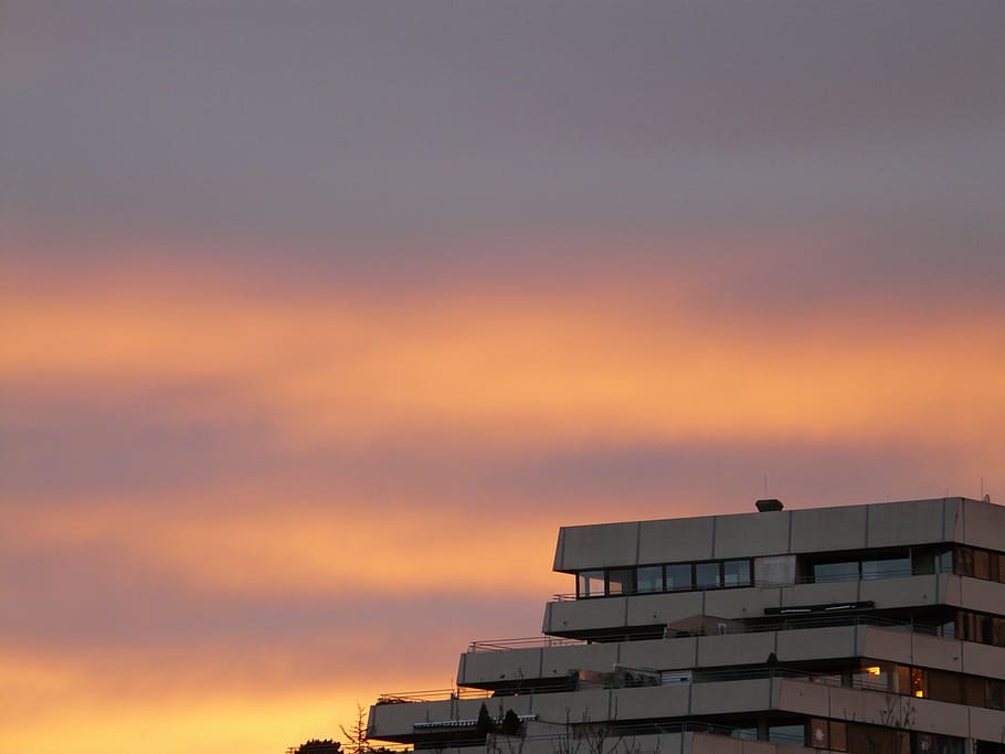 sunset, sky, coloring, home, skyscraper, clouds, golden, beautiful HD wallpaper