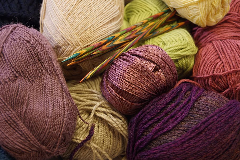 assorted yarn balls, wool, knitting needles, needle play, hobby