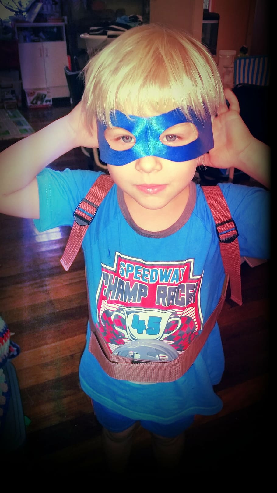 boy in blue shirt and mask, child, play, happy, playing, fun HD wallpaper