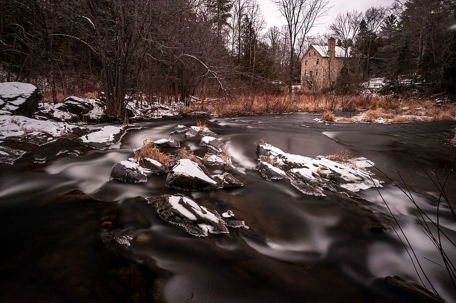 long exposure photography of body of water, flow, stream, snow HD wallpaper