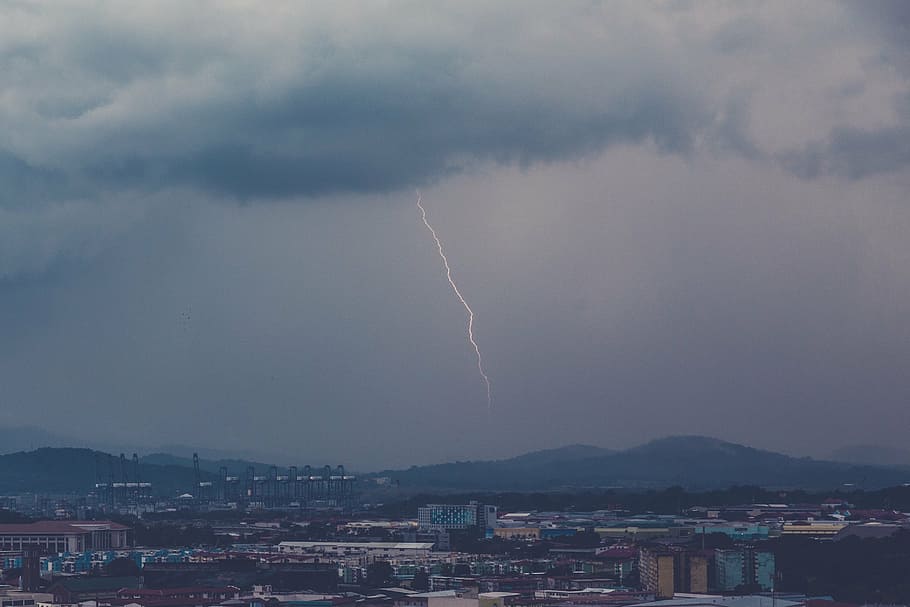 aerial photo of lightning and high rise buildings, thunder HD wallpaper