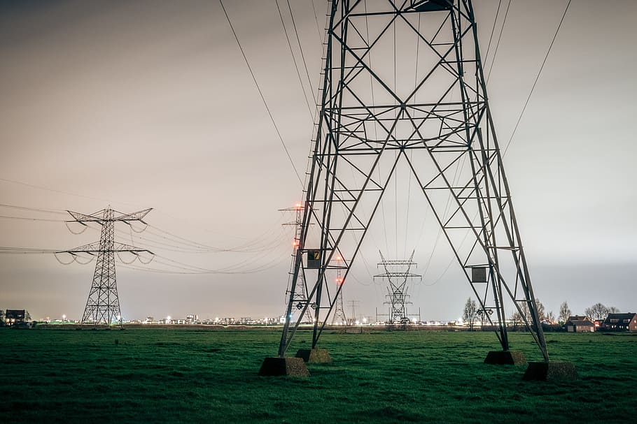 green, grass, lawn, field, transmission, line, electricity HD wallpaper