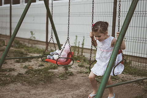Julia’s Friends., girl sitting on red steel swing, child, playground HD wallpaper