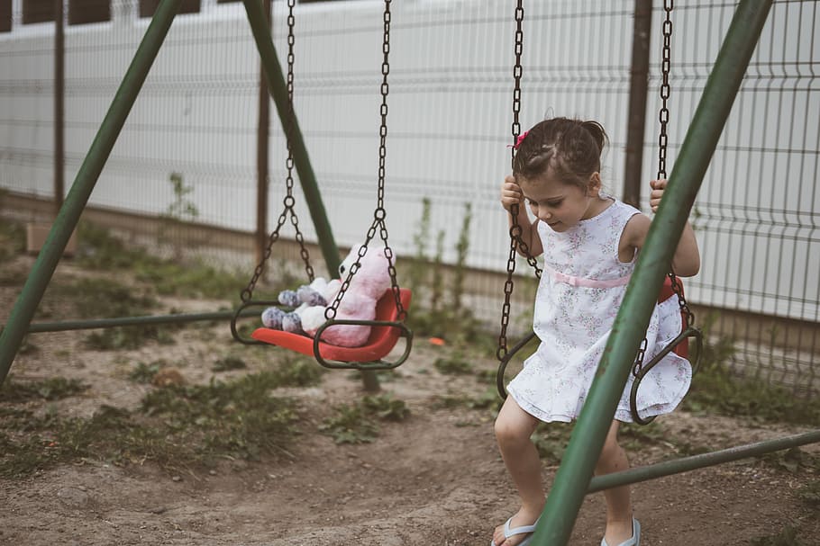 Julia’s Friends., girl sitting on red steel swing, child, playground HD wallpaper