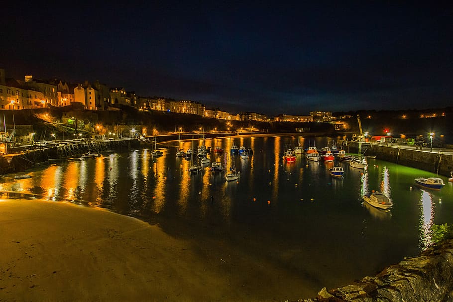 port, night, city, ships, tenby, england, architecture, water