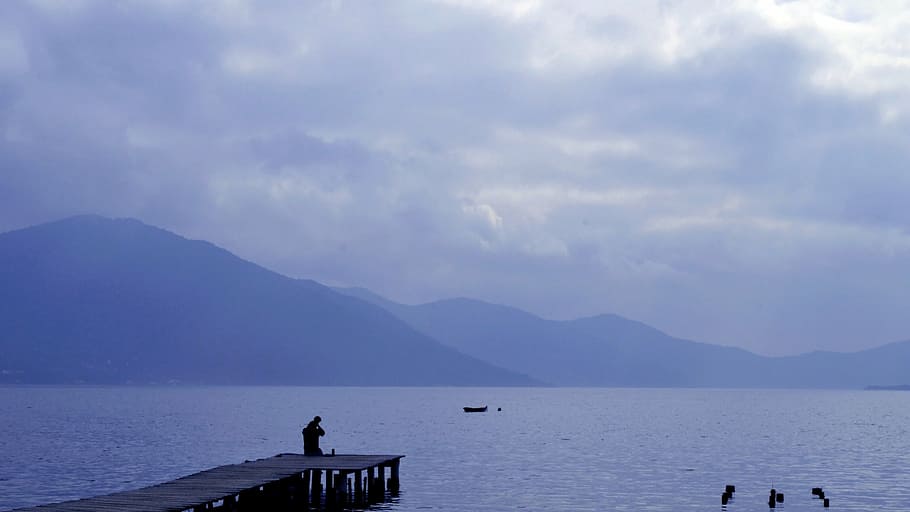 dock, lake, water, blue, mountains, sky, clouds, cloud - sky HD wallpaper