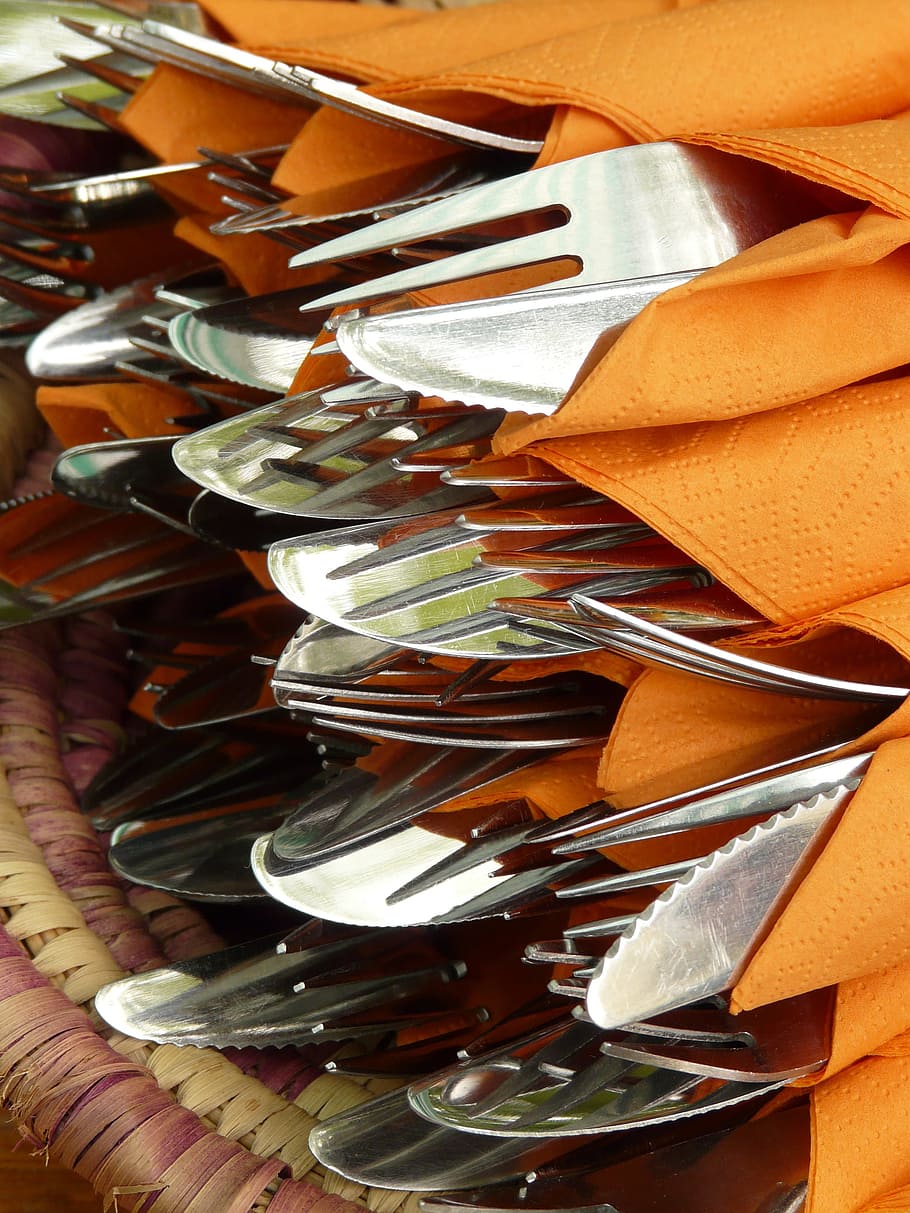 cutlery, knife, fork, napkins, eat, metal, indoors, large group of objects HD wallpaper