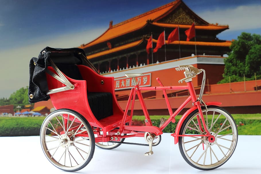 miniature, rickshaw, bike, tricycle, red, transportation, mode of transportation, HD wallpaper