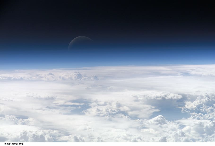 crescent moon, blue, spaceview, night, earth, clouds, sky, cloud - sky HD wallpaper
