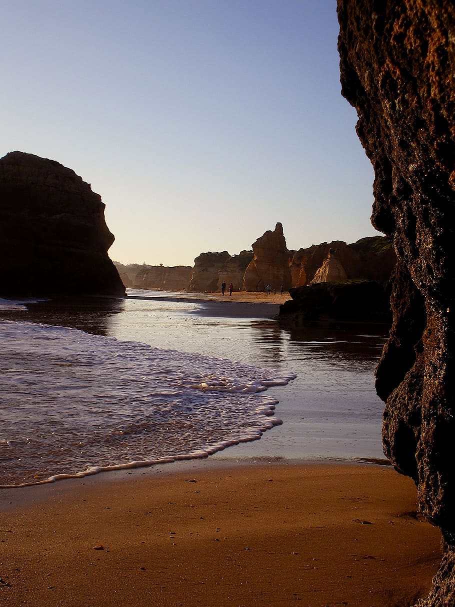 sea, sunset, twilight, beach, rock, water, land, rock - object HD wallpaper