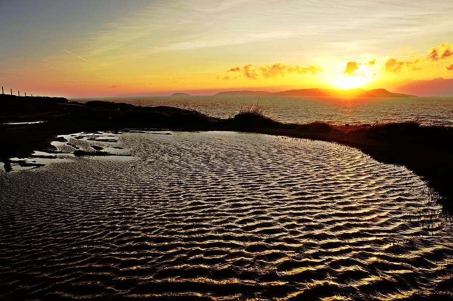 ocean, sunset, sunny, yellow, orange, pond, wind, spain, pontevedra HD wallpaper