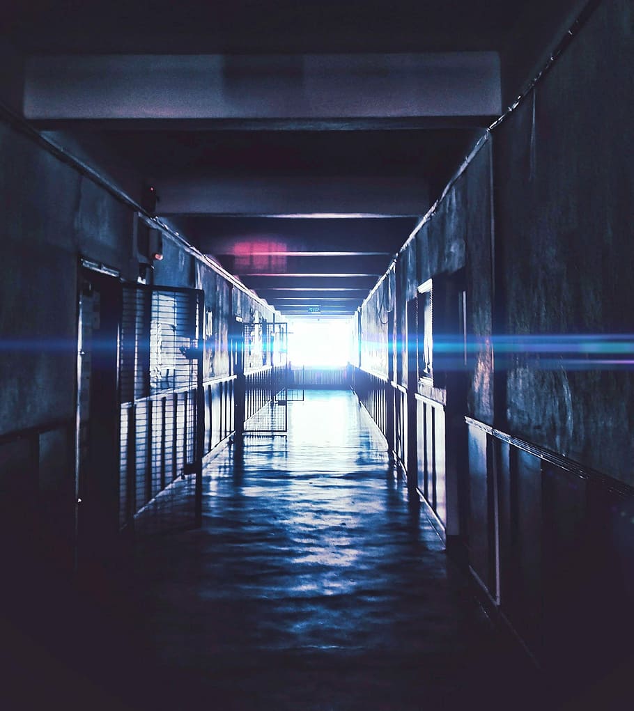 black and gray concrete building interior, photo of hallway, illuminated HD wallpaper